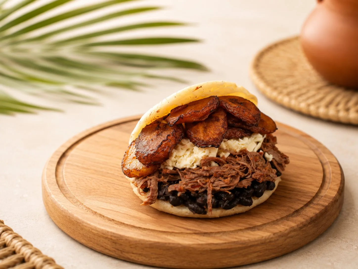 Arepa Pabellón abierta, rellena con carne mechada, caraotas negras, tajadas y queso blanco.