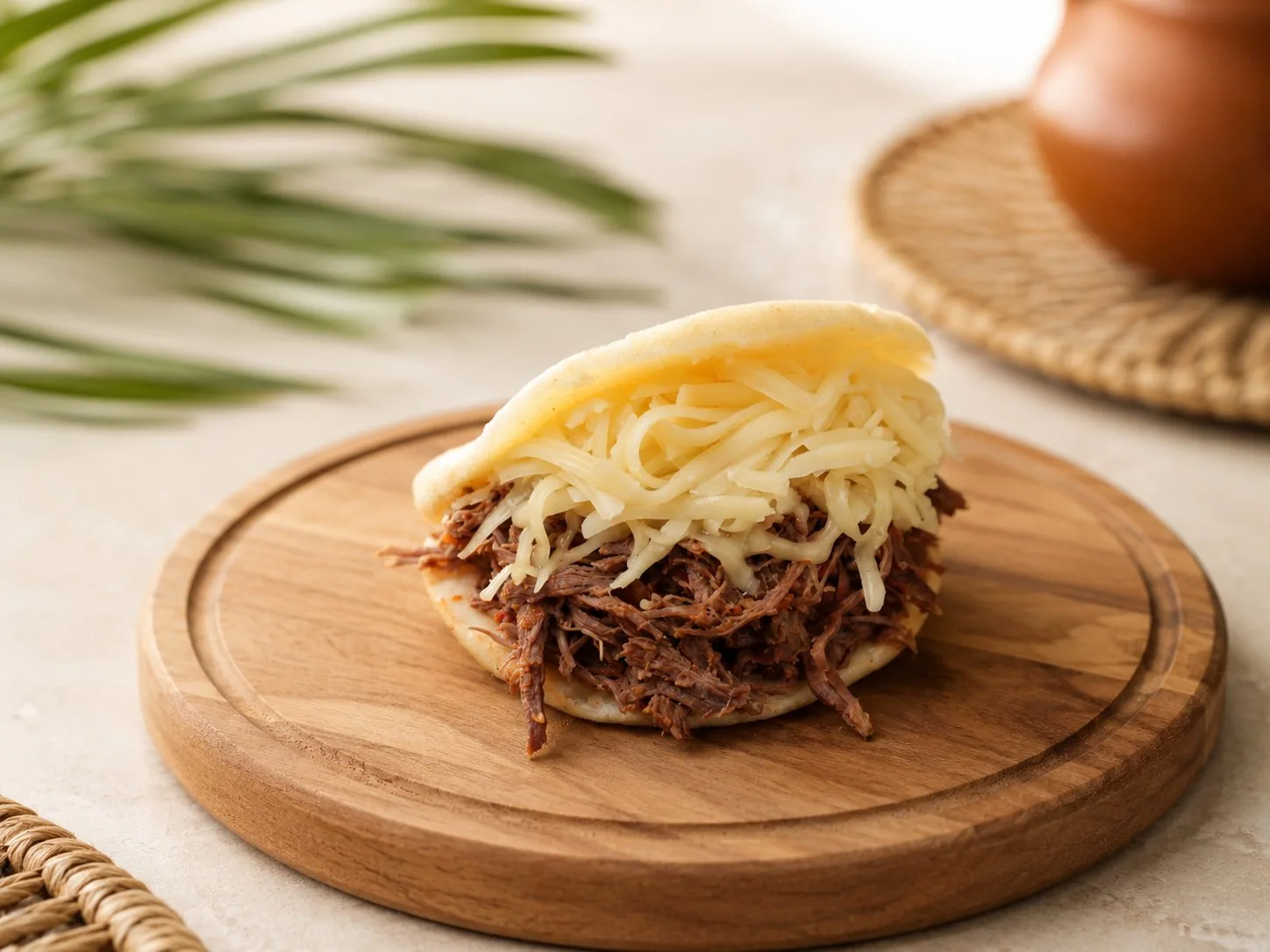 Arepa Pelúa rellena con carne mechada y queso amarillo rallado.