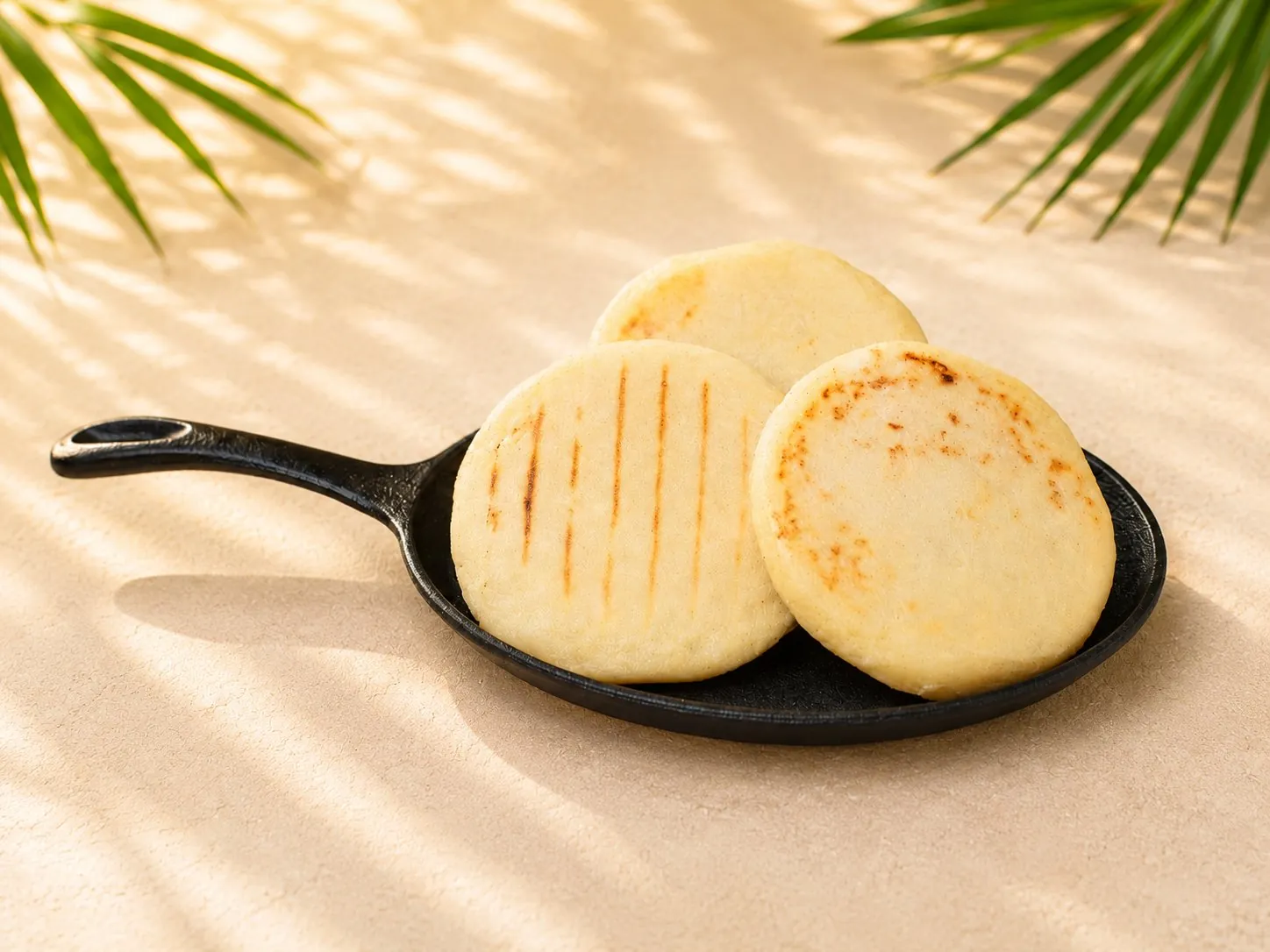 Three plain Viuda arepas without filling, grilled, served on a cast-iron skillet.