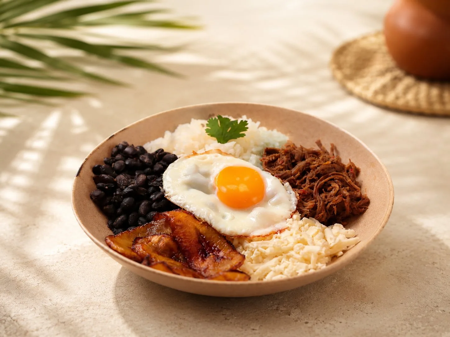 Bowl Pabellón con arroz, carne mechada, caraotas negras, tajadas, queso blanco y huevo frito.