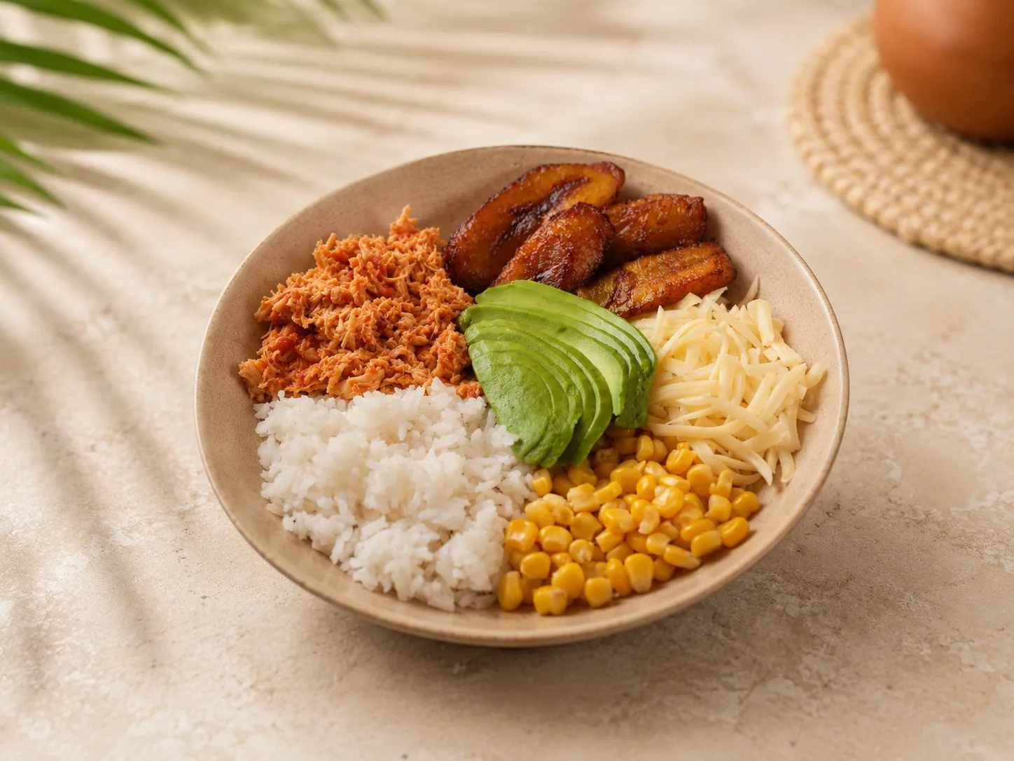 Bowl Pollo con arroz, pollo en salsa de tomate, tajadas, aguacate, maíz y queso amarillo.