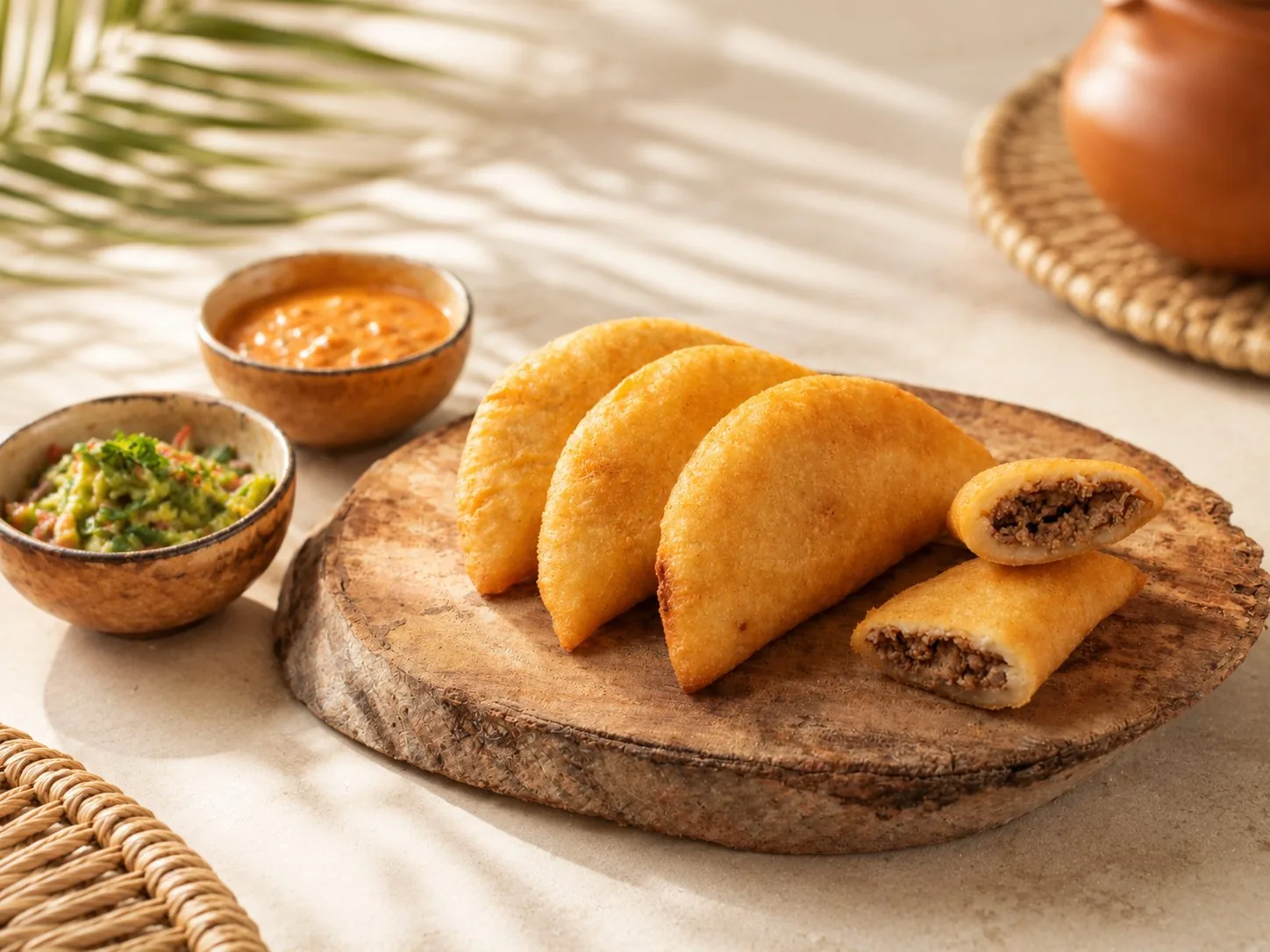 Tres empanadas fritas de maíz rellenas de carne, servidas con salsas.