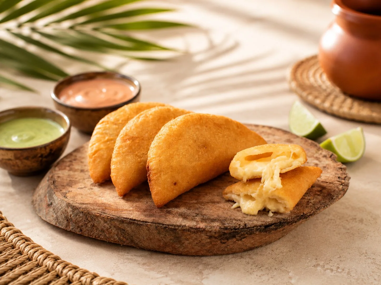 Empanadas de maíz con queso derretido, una cortada mostrando el relleno.