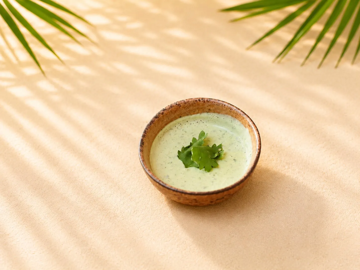 Creamy garlic sauce in a small wooden bowl, garnished with cilantro.
