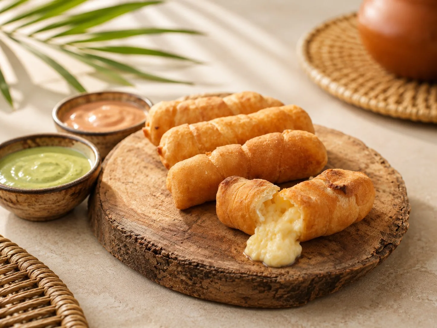 Cuatro tequeños fritos, uno cortado mostrando el queso por dentro.