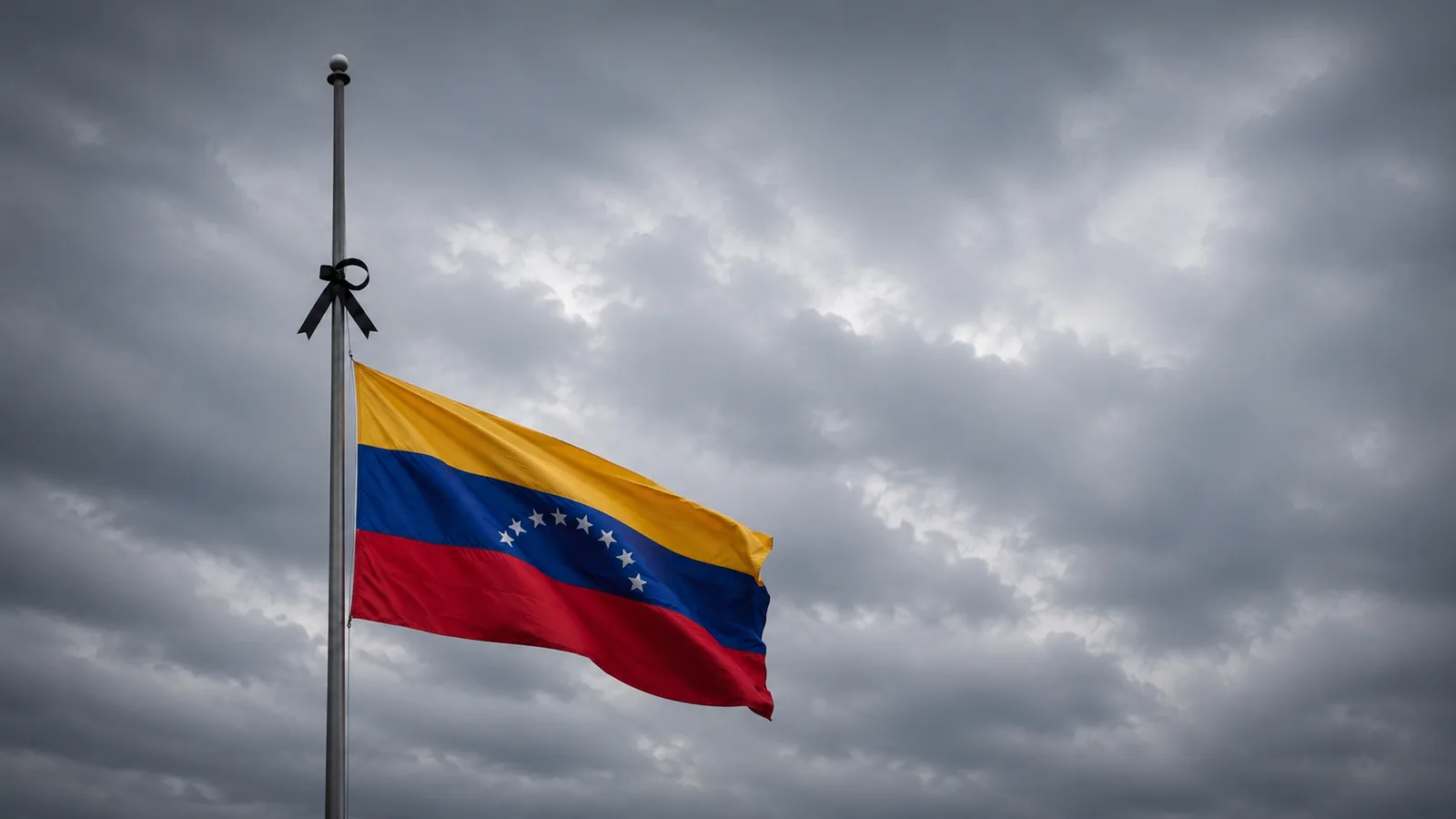 Venezolanische Flagge auf Halbmast mit einer schwarzen Schleife, als Zeichen der Trauer